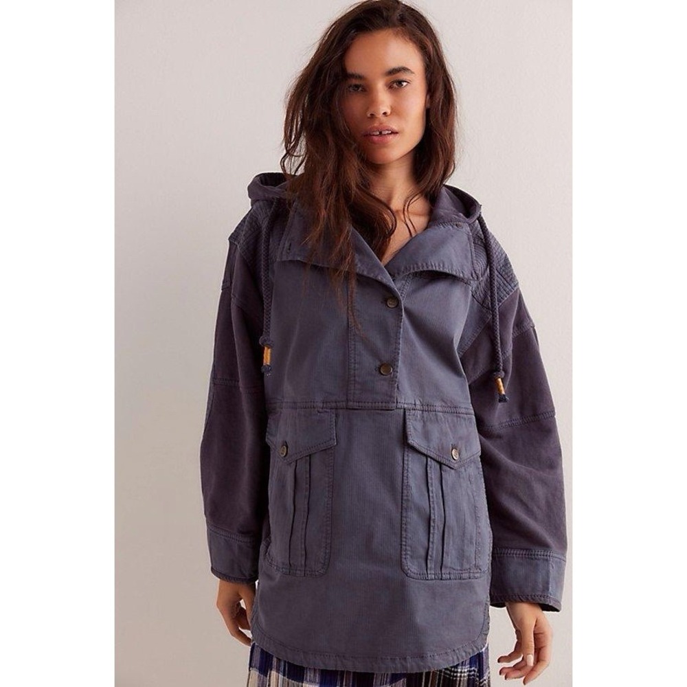 Free People We The Free Marlie Washed Pullover Jacket Blue Cargo Style Size S